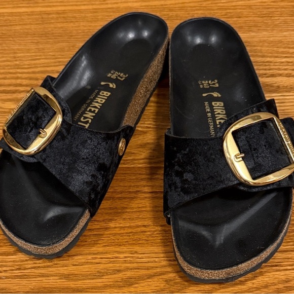 Birkenstock Shoes - Birkenstock Black Velvet Slide Sandals with Gold Buckles
